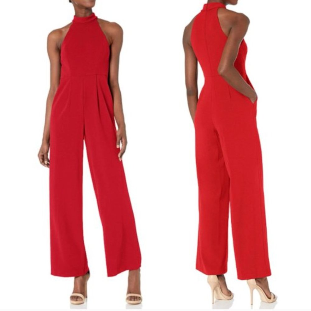 NWT Calvin Klein Mock Neck Halter Jumpsuit Red 12
